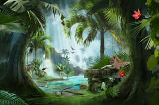 Beautiful Jungle Beach Lagoon View With A Jaguar, Palm Trees And Tropical Leaves, Can Be Used As Background Wall Mural