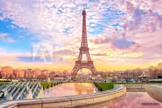 Eiffel Tower At Sunset In Paris, France  Romantic Travel Background Wall Mural