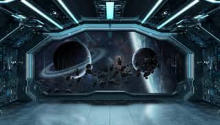 Dark Blue Spaceship Futuristic Interior With Window View On Space And Planets 3d Rendering   Wall Mural
