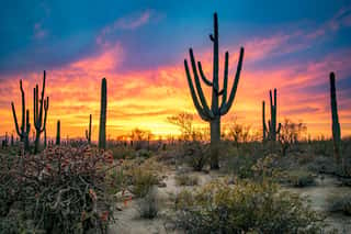 Dramatic Sunset In Arizona Desert: Colorful Sky And Cacti/ Saguaros In Foreground  - Saguaro National Park, Arizona, USA  Wall Mural