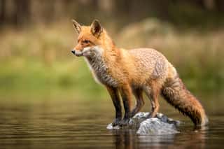 Beautiful Red Fox Standing On A Few Stones Over The Water Surface  Very Focused On Its Prey  Pure Natural Wildlife Photo  Ready To Hunt  Wall Mural
