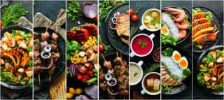 Set Of Dishes  Seafood, Meat And Vegetables  Photo Collage  Banner  Wall Mural