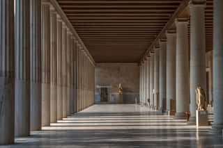 Passage With Marble Ionic Columns Inside Stoa Of Attalos, Ancient Agora Of Athens Before Sunset Wall Mural