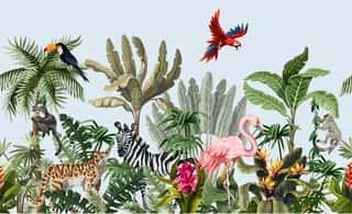 Seamless Border With Jungle Animals, Flowers And Trees  Vector  Wall Mural