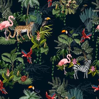 Seamless Pattern With Jungle Animals, Flowers And Trees  Vector  Wall Mural