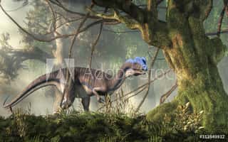 Dilophosaurus Was A Theropod Dinosaur Of The Early Jurassic Period In North America  A Predator, It\'s Named For The Two Crests On Its Head  Depicted In A Jungle  3D Rendering  Wall Mural