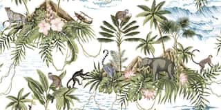 Tropical Vintage Botanical Island, Palm Tree, Mountain, Palm Leaves, Hibiscus Flower, Elephant, Monkey,sloth, Leopard, Lemur, Summer Floral Seamless Pattern White Background Exotic Jungle Wallpaper  Wall Mural