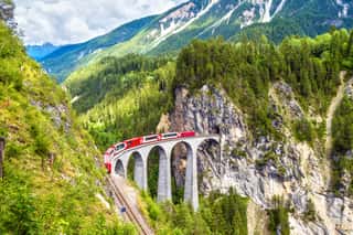 Landwasser Viaduct In Summer, Filisur, Switzerland  It Is Landmark Of Swiss Alps  Nice Alpine Landscape  Red Train Of Bernina Express On Railroad Bridge In Mountains  Wall Mural