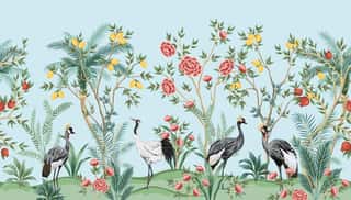 Vintage Chinoiserie Floral Palm Tree, Fruit Tree, Plant, Crane Bird, Red Roses Seamless Border Blue Background  Exotic Oriental Wallpaper  Wall Mural