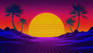 Retrowave, Synthwave Or Vaporwave 80\'s Landscape With Neon Light Grid, Sun And Palm Trees  Sci-fi, Futuristic Illustration With Copy Space For Text  Wall Mural