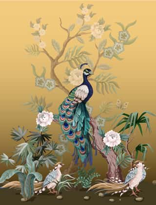 Border In Chinoiserie Style With Herons, Peacock And Peonies  Vector    Wall Mural