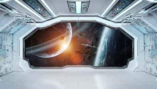 White Blue Spaceship Futuristic Interior With Window View On Space And Planets 3d Rendering   Wall Mural