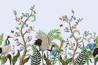 Border With Cranes And Peonies In Chinoiserie Style  Vector  Wall Mural