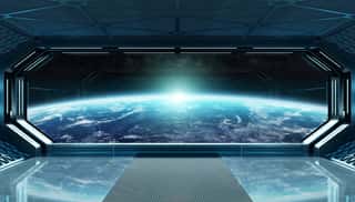 Dark Blue Spaceship Futuristic Interior With Window View On Planet Earth 3d Rendering - Wall Mural