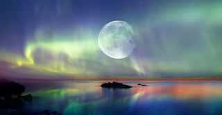 Northern Lights (Aurora Borealis) In The Sky With Super Full Moon - Tromso, Norway "Elements Of This Image Furnished By NASA" Wall Mural