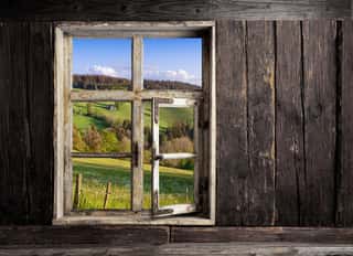 View Through A Wooden Window Into The Landscape Wall Mural