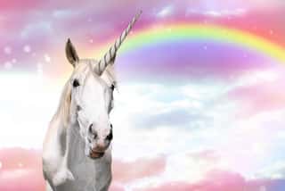 Magic Unicorn In Beautiful Sky With Rainbow And Fluffy Clouds  Fantasy World    Wall Mural