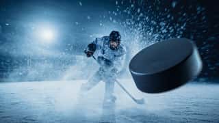 Ice Hockey Rink Arena: Professional Player Shooting The Puck With Hockey Stick  Focus On 3D Flying Puck With Blur Motion Effect  Dramatic Wide Shot, Cinematic Lighting  Wall Mural