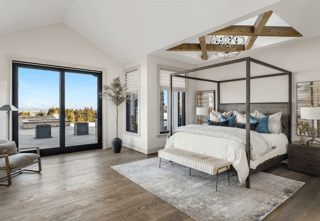 *CLEARANCE* Bedroom In New Luxury Home With Hardwood Floors, Sliding Glass Door Leading To Patio, And Skylights With Wood Cross Beams And Elegant Pendant Light Wall Mural
