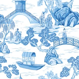 Vintage Chinese Pagoda, Boat, People, Trees Floral Seamless Pattern White Background  Blue Chinoiserie Park Wallpaper  Wall Mural