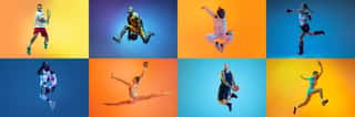Collage  Dynamic Shots Of Different People In A Jump, Training Isolated Over Multicolored Background In Neon  Concept Of Sport, Challenges, Achievements  Basketball, Tennis, Mma, Boxing, Fencing Wall Mural