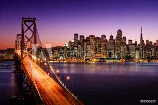 San Francisco Skyline And Bay Bridge At Sunset, California   Wall Mural