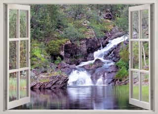 Open Window View To Mountain Waterfall And Pond Wall Mural