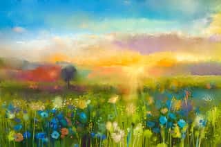 Oil Painting  Flowers Dandelion, Cornflower, Daisy In Fields  Sunset  Meadow Landscape With Wildflower, Hill And Sky In Orange And Blue Color Background  Hand Paint Summer Floral Impressionist Style Wall Mural