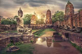 Ancient Buddha Statue And Old Wat Mahathat Pagoda In History Temple Of  Ayutthaya Historical Park,world Heritage Sites Of Unesco Vintage Effect Add For Create Atmosphere Wall Mural