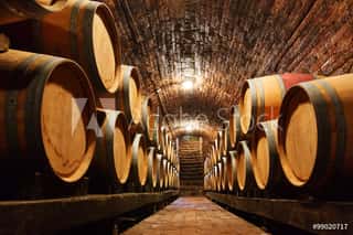 Oak Barrels In A Underground Wine Cellar Wall Mural