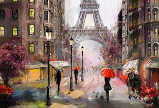 Oil Painting On Canvas, Street View Of Paris  Artwork  Eiffel Tower   People Under A Red Umbrella  Tree  France Wall Mural