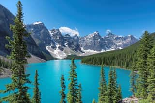 Beautiful Turquoise Waters Of The Moraine Lake With Snow-covered Peaks Above It In Rocky Mountains, Banff National Park, Canada  Wall Mural