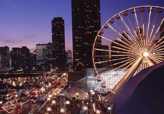 Lit Up Ferris Wheel At Dusk, Navy Pier, Chicago, Illinois, USA Wall Mural