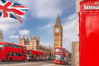 London Symbols With BIG BEN, DOUBLE DECKER BUS And Red Phone Booths In England, UK Wall Mural