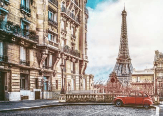 The Eiffel Tower In Paris From A Tiny Street With Vintage Red 2cv Car Wall Mural