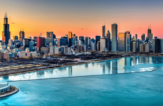 Sunset Behind Chicago In The Winter Wall Mural