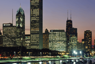 Buildings Lit Up At Dusk, Lake Michigan, Chicago, Cook County, Illinois, USA Wall Mural
