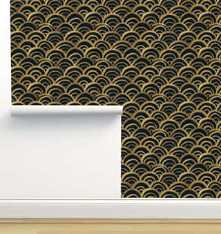 Gold Scallop Art Deco Black Wallpaper by Crystal W