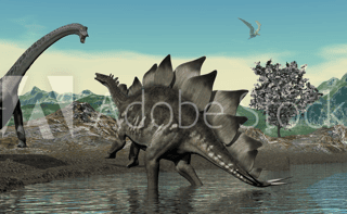 Dinosaur Scenery With Brachiosaurus And Stegosaurus By Day - 3D Render Wall Mural