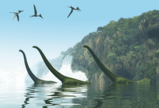 Mamenchisaurus Dinosaur Foggy Day - Two Mamenchisaurus Dinosaur Adults Escort A Youngster Across A River As Pterodactylus Birds Search For Fish Prey  Wall Mural