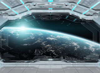 White Clean Spaceship Interior With View On Planet Earth 3D Rendering   Wall Mural