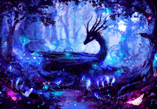 A Beautiful Black Dragon In A Night Forest, Peacefully Lying In A Clearing, Surrounded By Many Trees, Fireflies, And Luminous Plants, Painted With Imitation Oil  2d Illustration  Wall Mural
