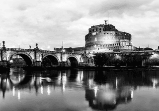 Panoramic Black And White Night View Of Castle Saint Angelo In Rome, Italy Wall Mural
