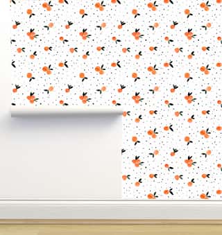 Clementine Cuties and Dots on White Flat Wallpaper by Crystal W