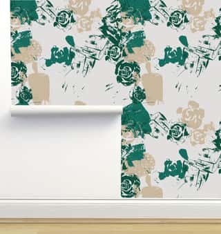 Abstract Roses Green and Beige Wallpaper by Monor Designs