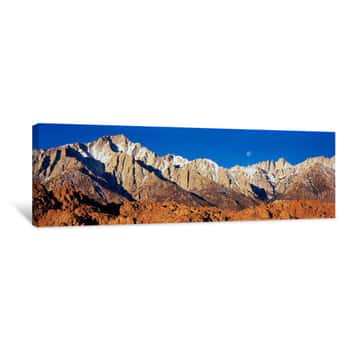 Image of Rock Formations On A Mountain Range, Moonset Over Mt Whitney, Lone Pine, California, USA Canvas Print