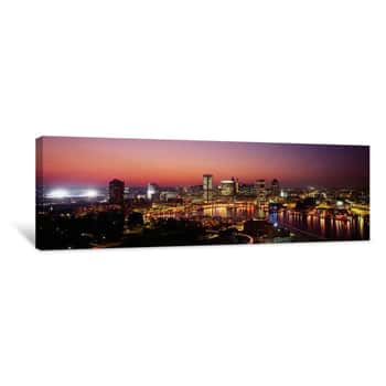 Image of Buildings Lit Up At Dusk, Baltimore, Maryland Canvas Print