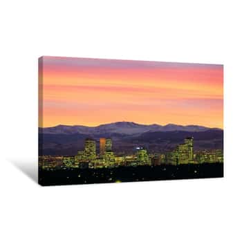 Image of Skyline And Mountains At Dusk, Denver, Colorado, USA Canvas Print