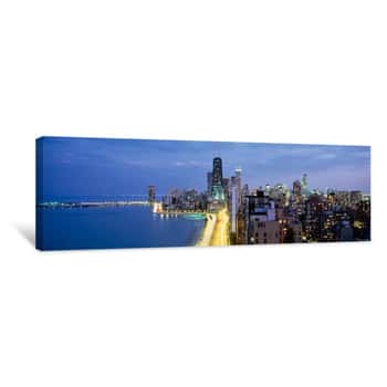 Image of Skyscrapers Lit Up At The Waterfront, Lake Shore Drive, Chicago, Cook County, Illinois, USA Canvas Print