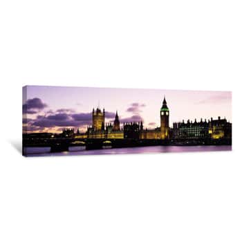 Image of Buildings Lit Up At Dusk, Big Ben, Houses Of Parliament, Thames River, City Of Westminster, London, England Canvas Print